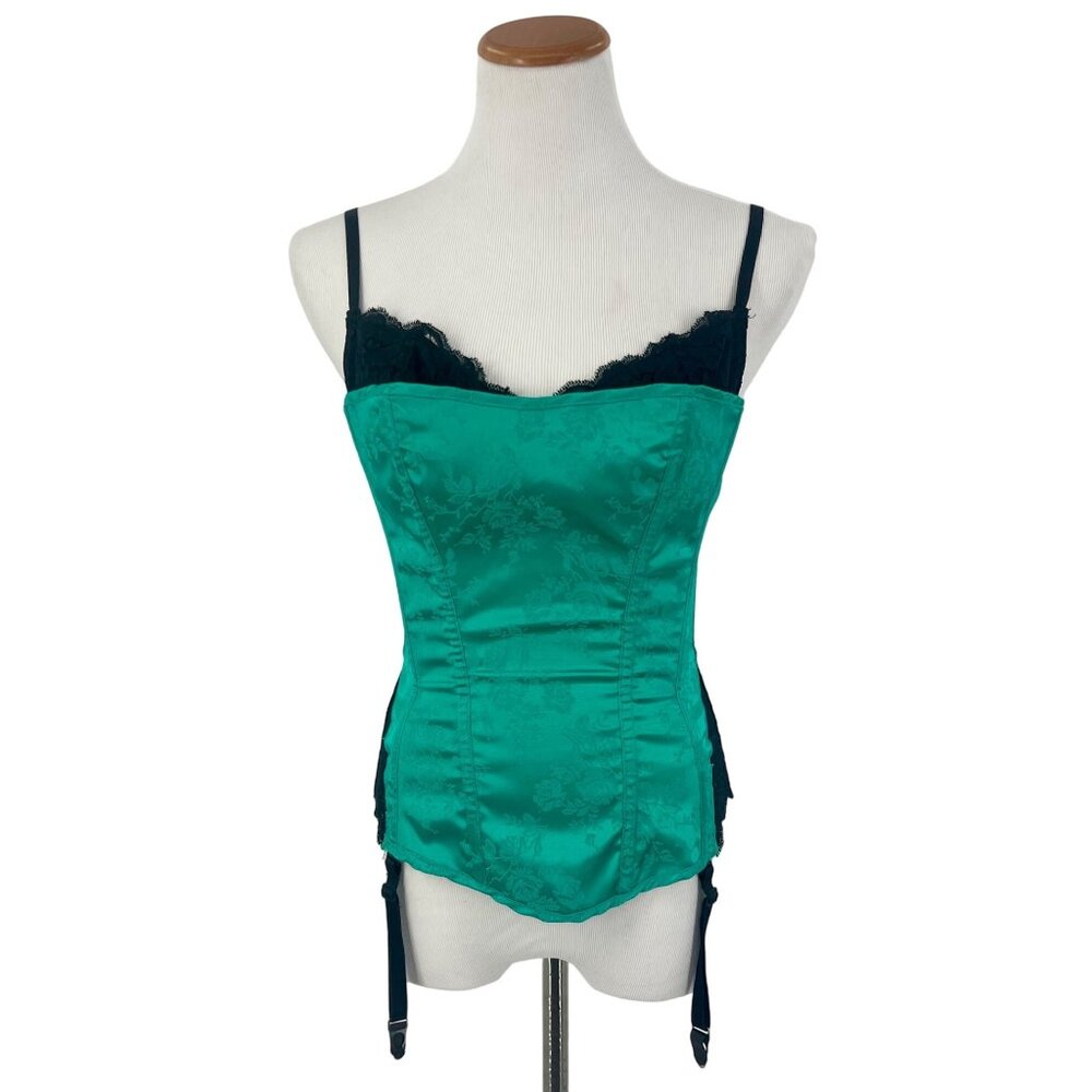 VTG Frederick's Green Brocade Corset Garter Burlesque Coquette Whimsigoth Y2K - Picture 2 of 15